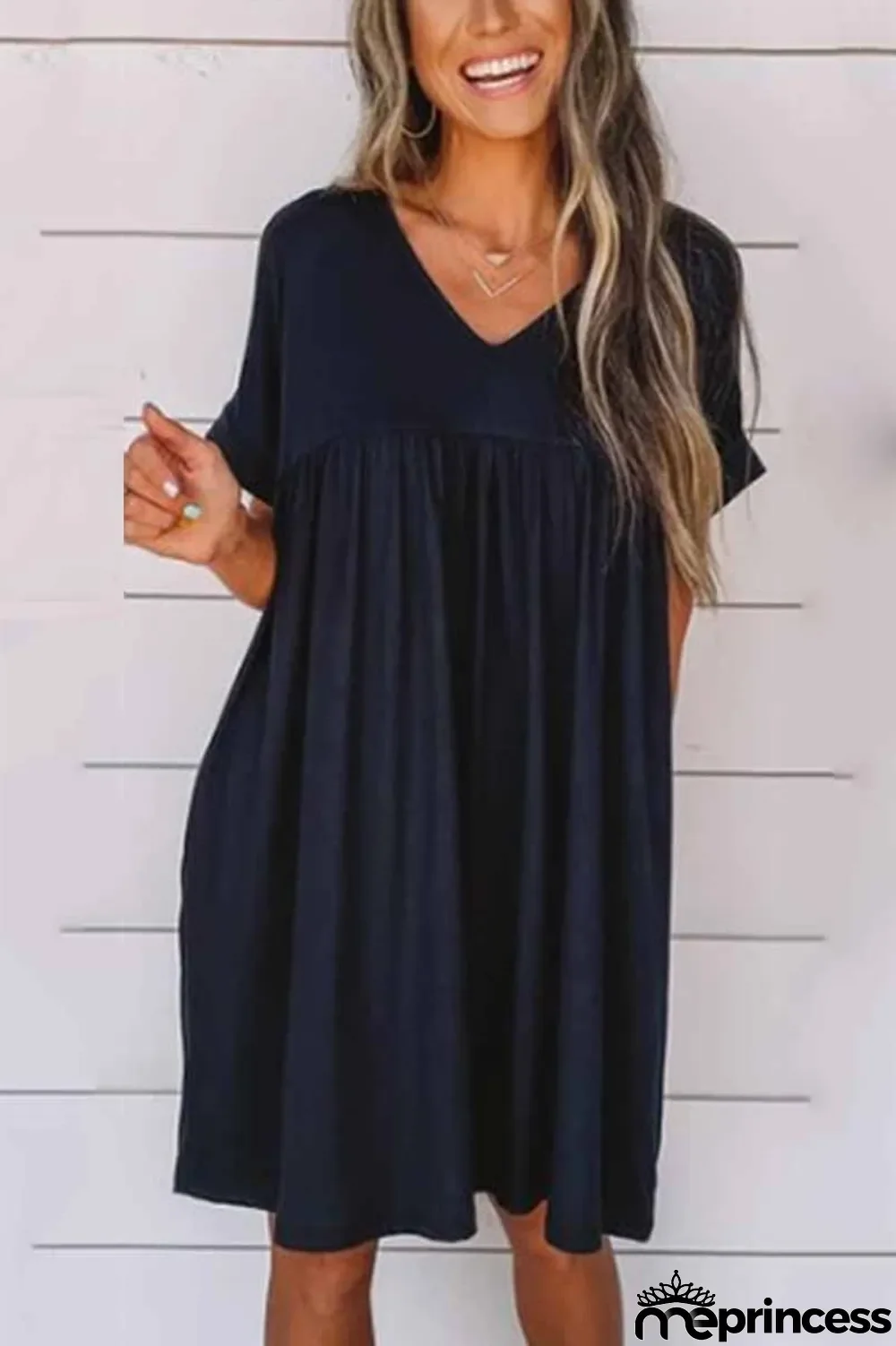 V-neck Solid Color Loose Mini Dress