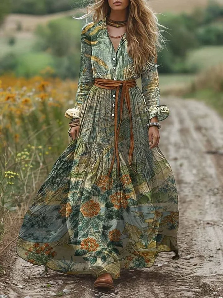 Women's Shirt Collar Long Sleeve Vintage Oil Painting Pocket Cotton Dress