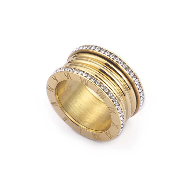 18K Gold Plated Titanium Steel Double Rows Zircon Roman Ring-VESSFUL