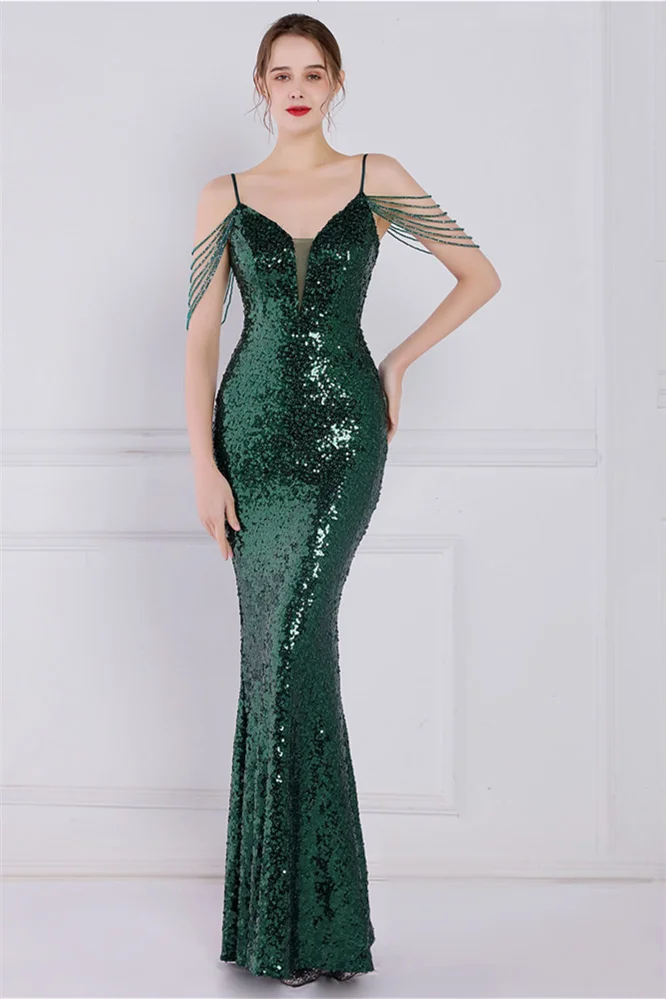 Bellasprom Spaghetti-Straps Sequins Evening Gown Mermaid Sleeveless YE0072 Bellasprom