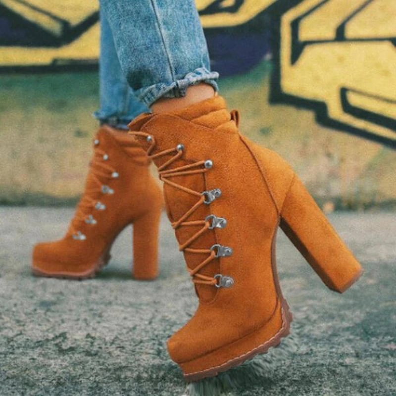 Qengg New Women's Martin Boots Fashion Lace-up Rivets Chunky High Heels Solid Casual Platform Comfort Ankle Boots Bota De Inverno