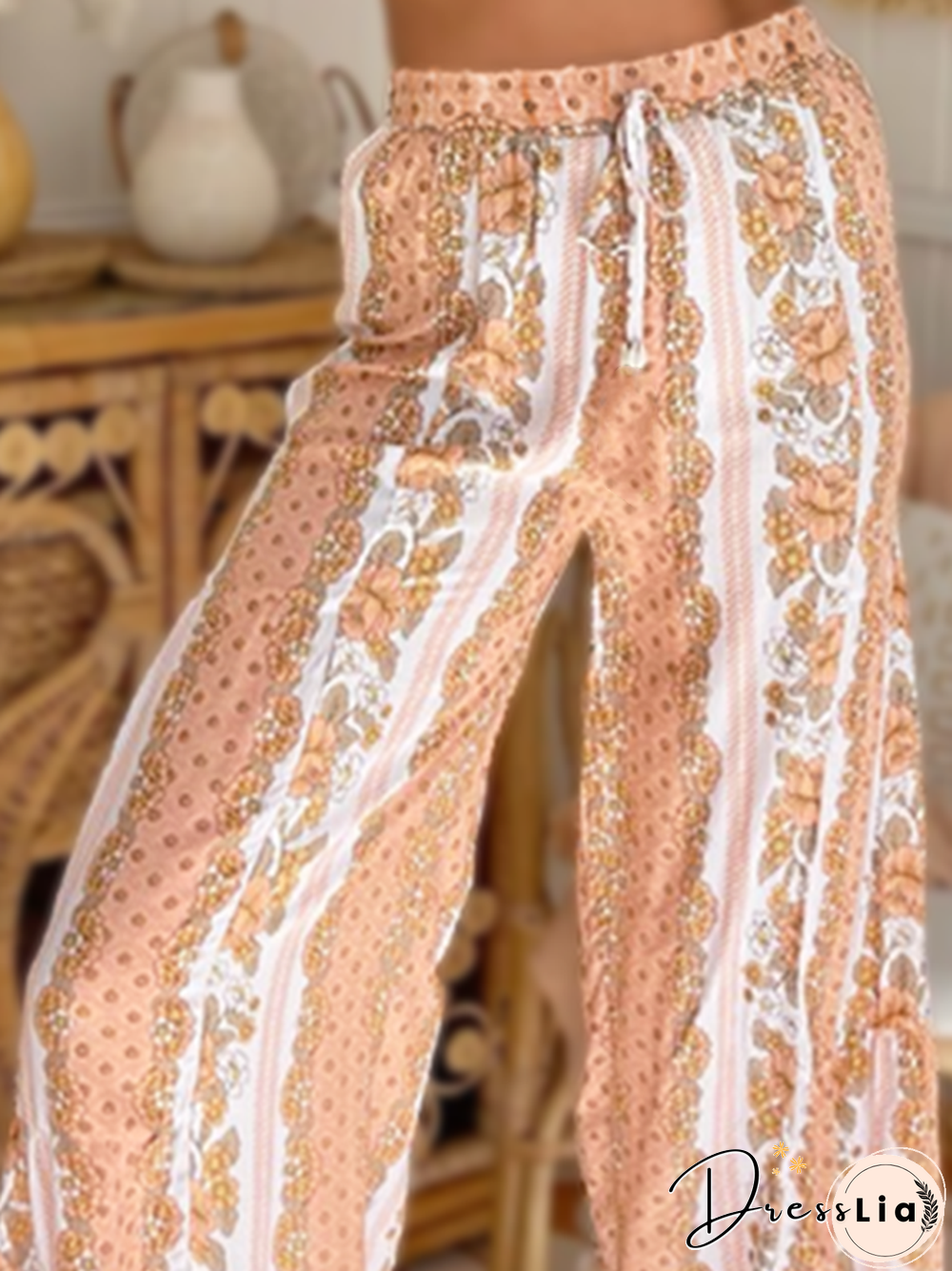 Bohemian Ethnic Print Elastic Waist Tie 9 Points Wide Leg Trousers