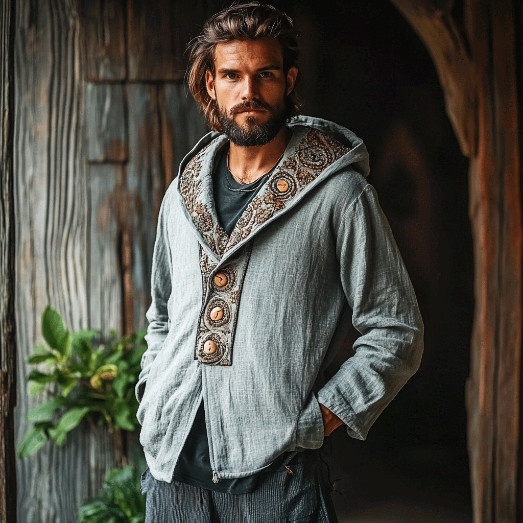 Men's Linen Aztec Hooded Jacket-inspireuse