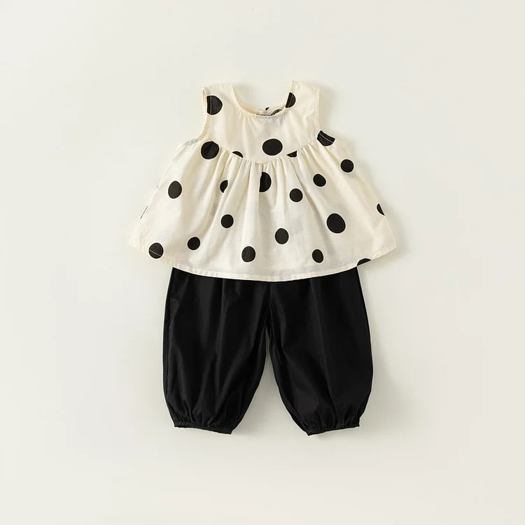 Baby Toddler Girl Summer Polka Dot Sleeveless Tank Top & Solid Color Pants Set