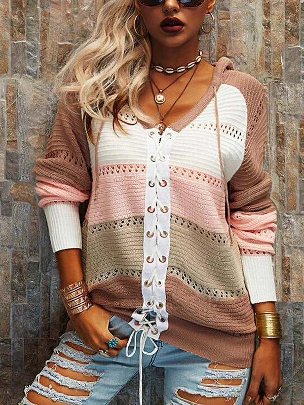Women's Long Sleeve V-neck Striped Stitching Sweater Top