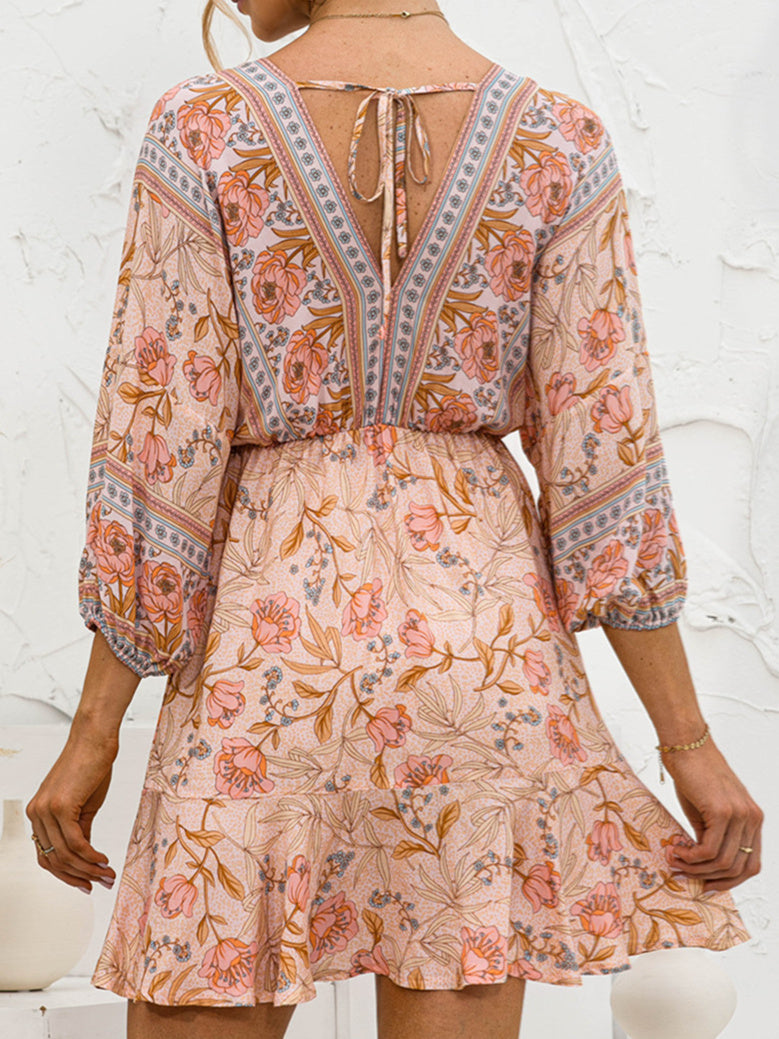 Women's Long Sleeve V-neck Floral Printed Lace-up Midi Dress