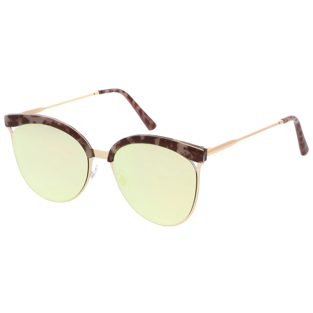 Modern Semi-Rimless Cat Eye glasses Cutout Round Mirrored Flat Lens 55mm