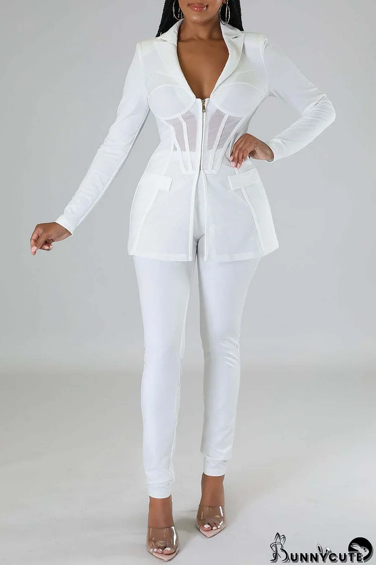 White Sexy Solid Patchwork Zipper Turn-back Collar Long Sleeve Two Pieces