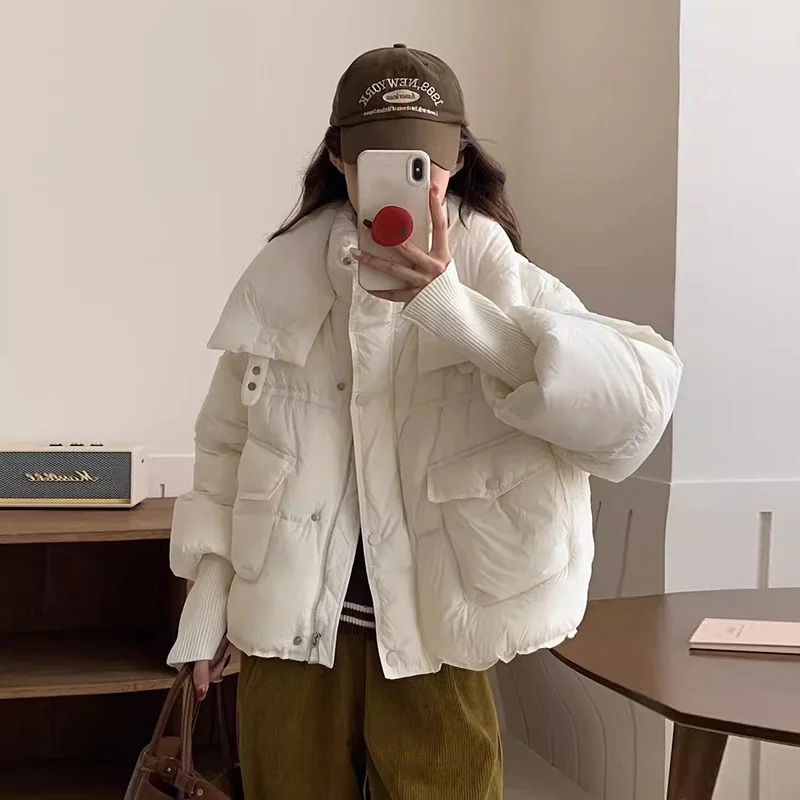 Toloer Knit Sleeve Advanced Sense Down Jacket Women's 2024 Winter New Thread Sleeve Standing Collar Warm White Duck Down Short Bread Clothing-Outfit Ideas