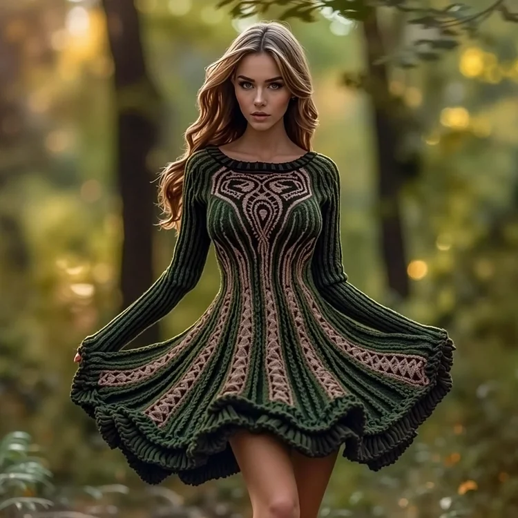 Women's Vintage Irish Celtic Knot Pattern Cozy Knit Sweater Dress