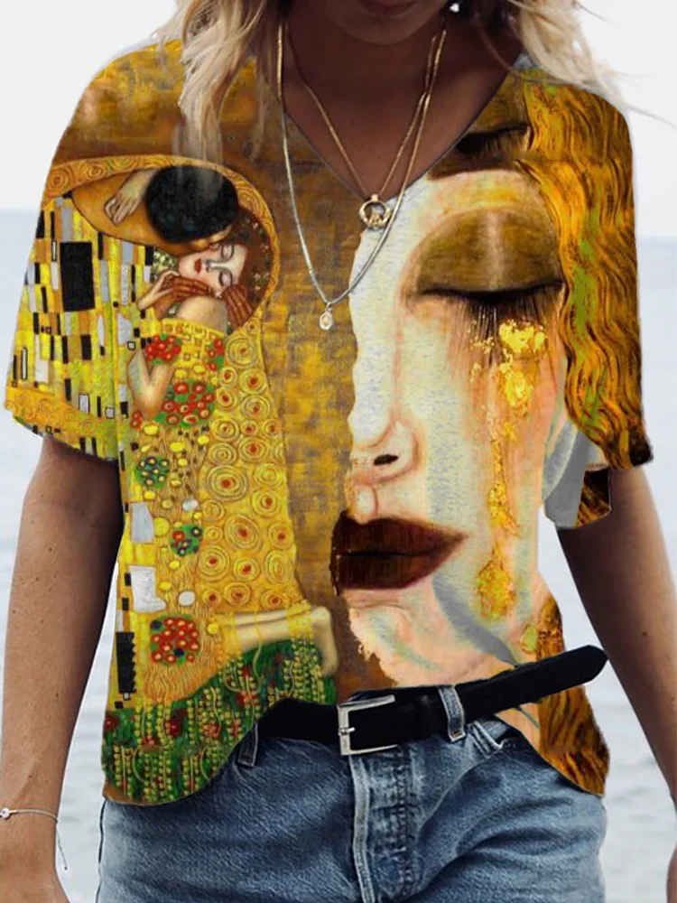 The Kiss & Golden Tears Contrast V Neck T Shirt