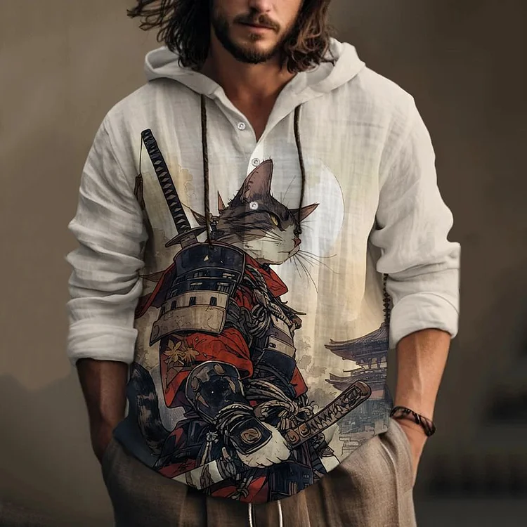 Men'S Cat Warrior Guard With Knife Art Print Hooded Shirt