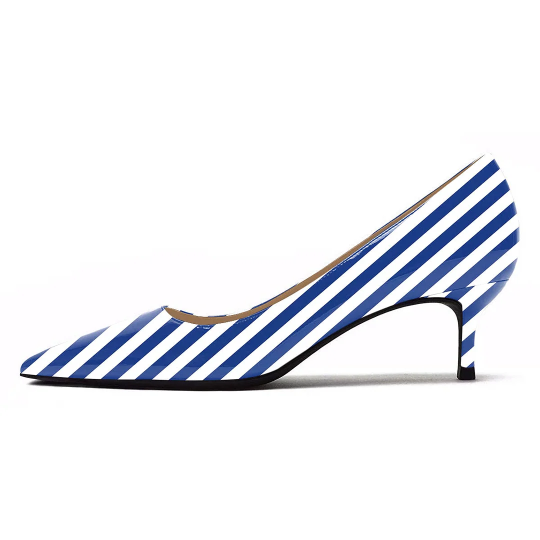 YDN White & Blue Stripes Kitten Heel Patent Leather Pumps for Women