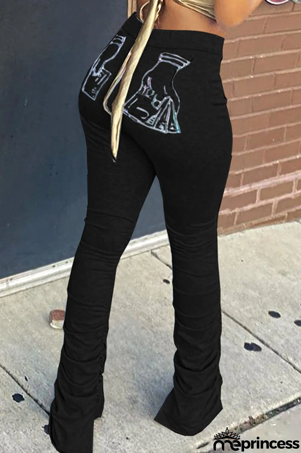 Black Casual Print Fold Boot Cut Bottoms