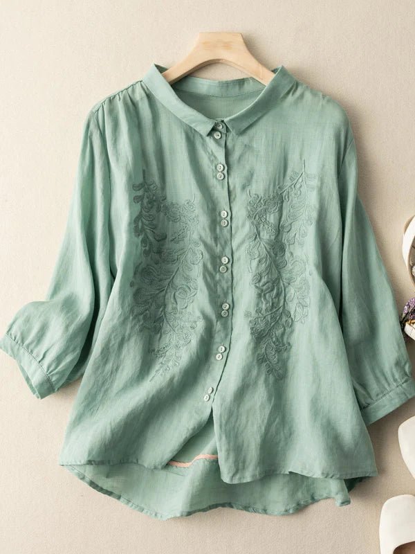 Embroidered 3/4 Sleeve Casual Linen Shirt Top
