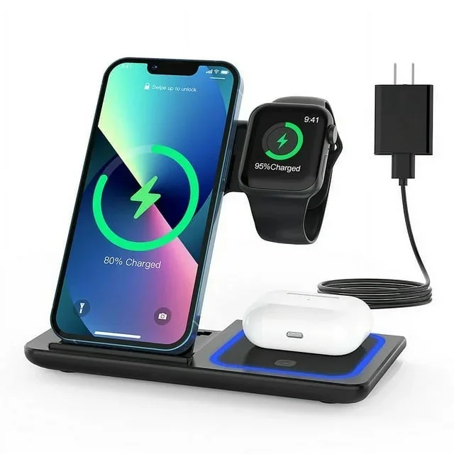 3 in 1 Wireless Charger, Fast Charging Station Compatible Apple Watch Airpods Pro iPhone 15 14 13 12/11/11 pro/X/XS/XR/Xs Max,Wireless Charging Stand 3 in 1 Wireless Charger Dock Station