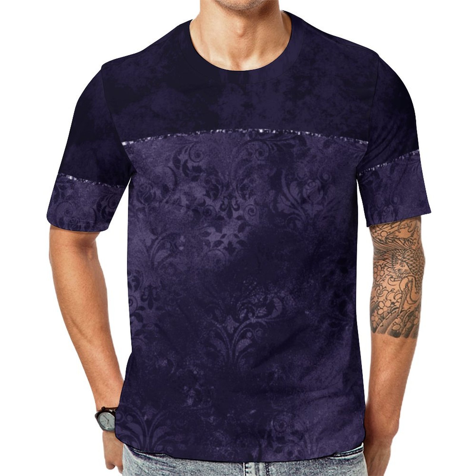 Midnight Indigo Romance Satiny Grunge Damask Short Sleeve Print Unisex Tshirt Summer Casual Tees for Men and Women Coolcoshirts