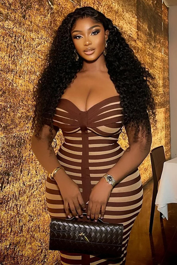 Off Shoulder Striped Knit Slim-Fit Slit Midi Dresses-Brown [Pre Order]