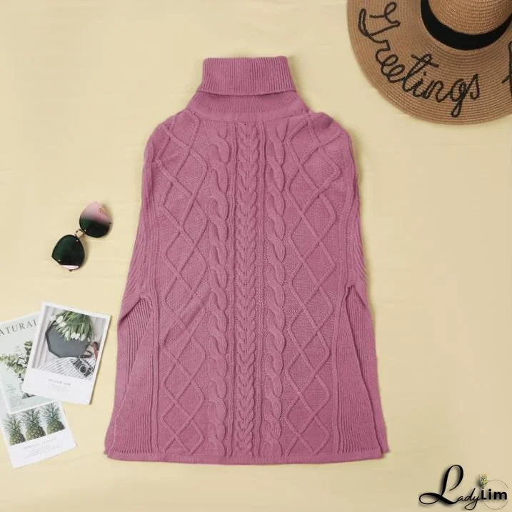 High Neck Loose Cable Knit Pattern Stitching Sweater Tops （7 Colors）