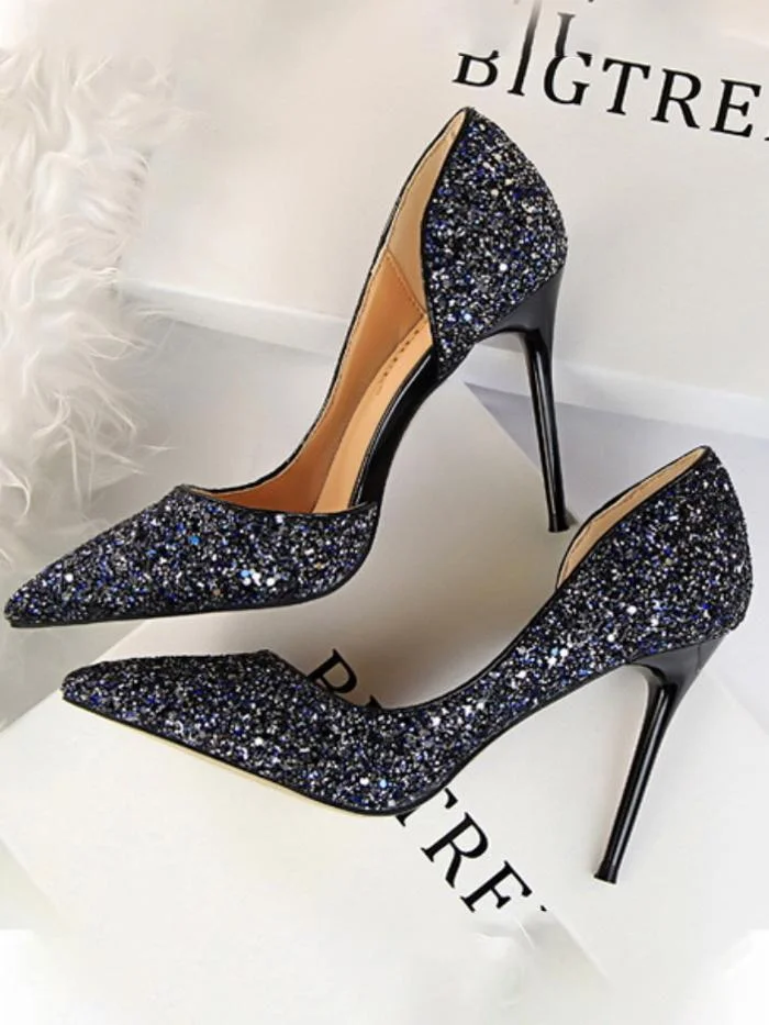 Sexy stiletto high-heeled shallow pointy side hollow sequin single shoes