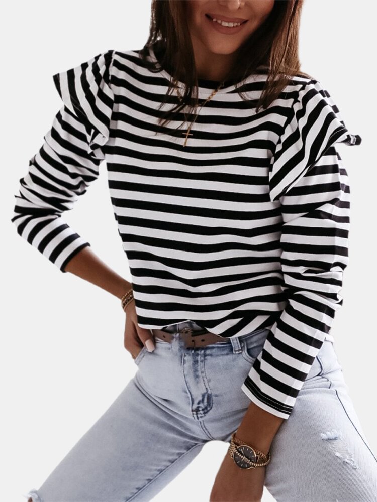 Striped Print Ruffle O neck Long Sleeve Casual T shirt for Women P1798880