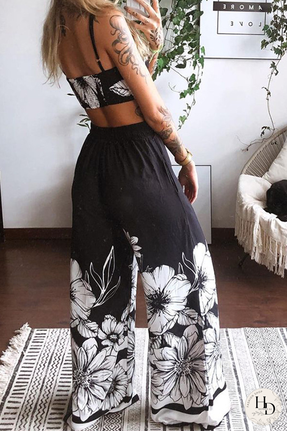 Black Sexy Print Split Joint Spaghetti Strap Sleeveless Two Pieces