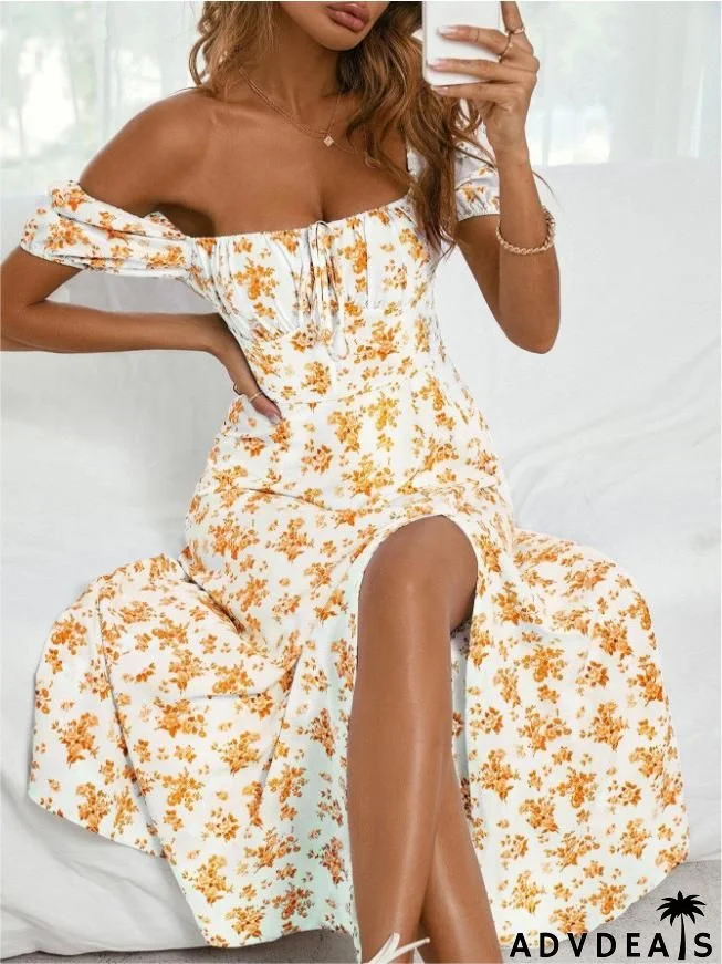 Elegant Square Neck Puff Sleeve Floral Maxi Dress