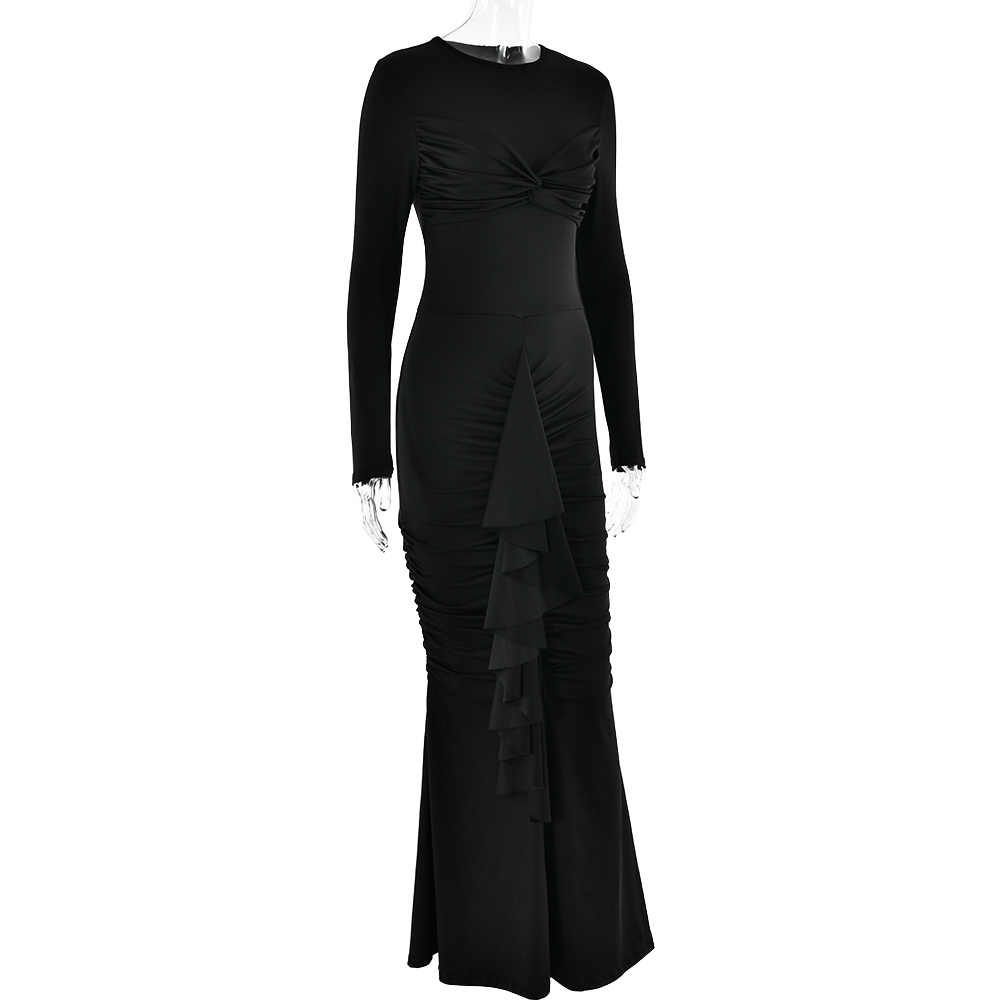 Ootddress Elegant Long Sleeved Elastic Tight Pleated Party Club Evening Dress Women Fashion Maxi Vestido Autumn Winter New Female