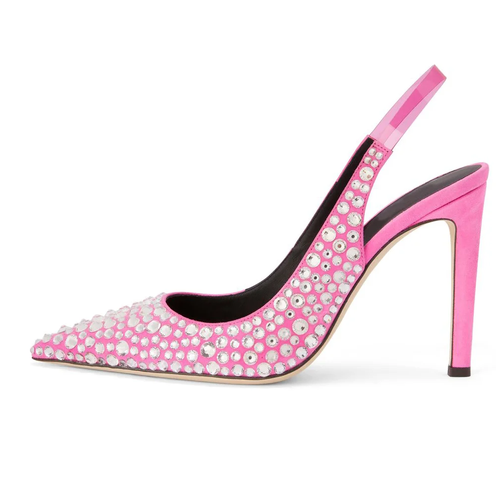 Fuchsia Pointed Toe Pumps Slingback Sandals Stiletto Heels With Rhinestone Decors Nicepairs