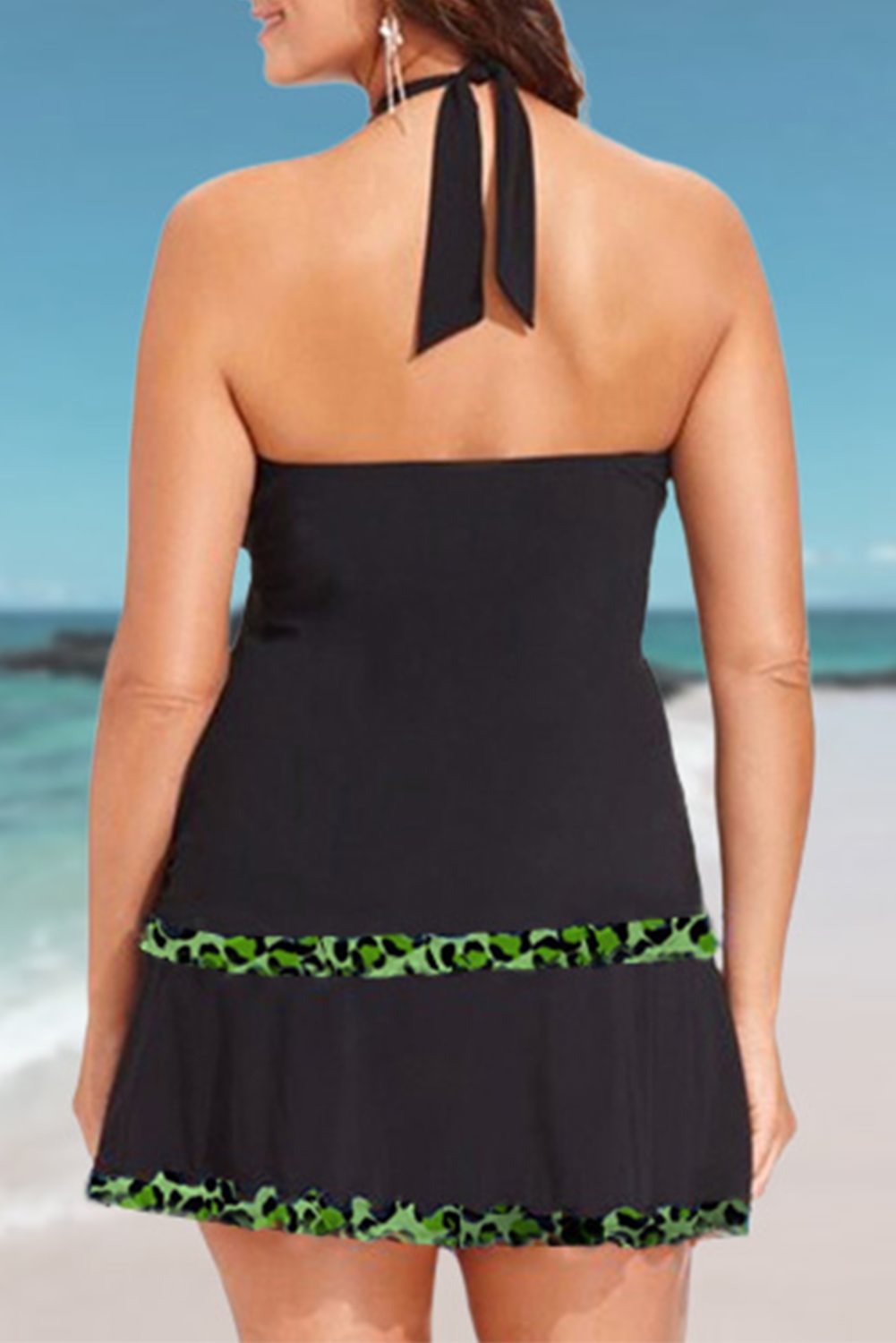 Womens Plus Size Leopard Ruffled Split Hem High Waist Tankini With Skirt Halter V Neck Padded