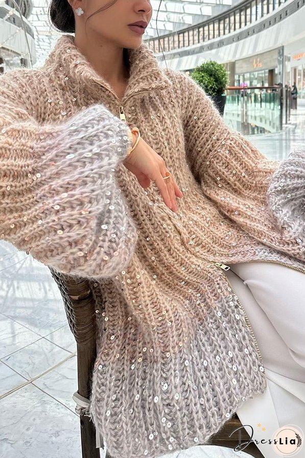 Warm Shining Heart Knit Sequin Balloon Sleeve Zipper Neck Loose Cardigan