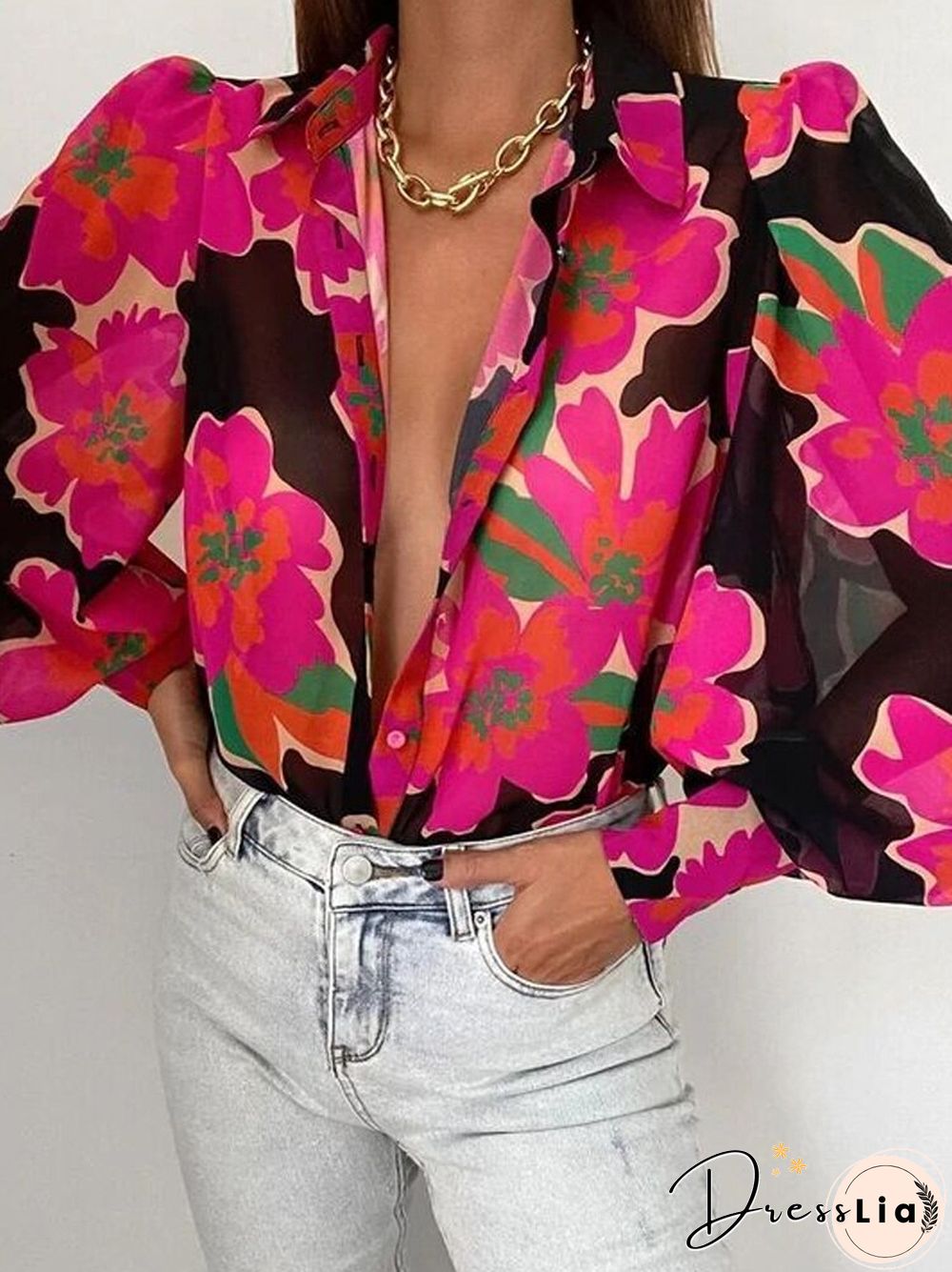 Fashion Retro Printed Pattern Button Blouses Tops Women Spring Commute Blusas Mujer New