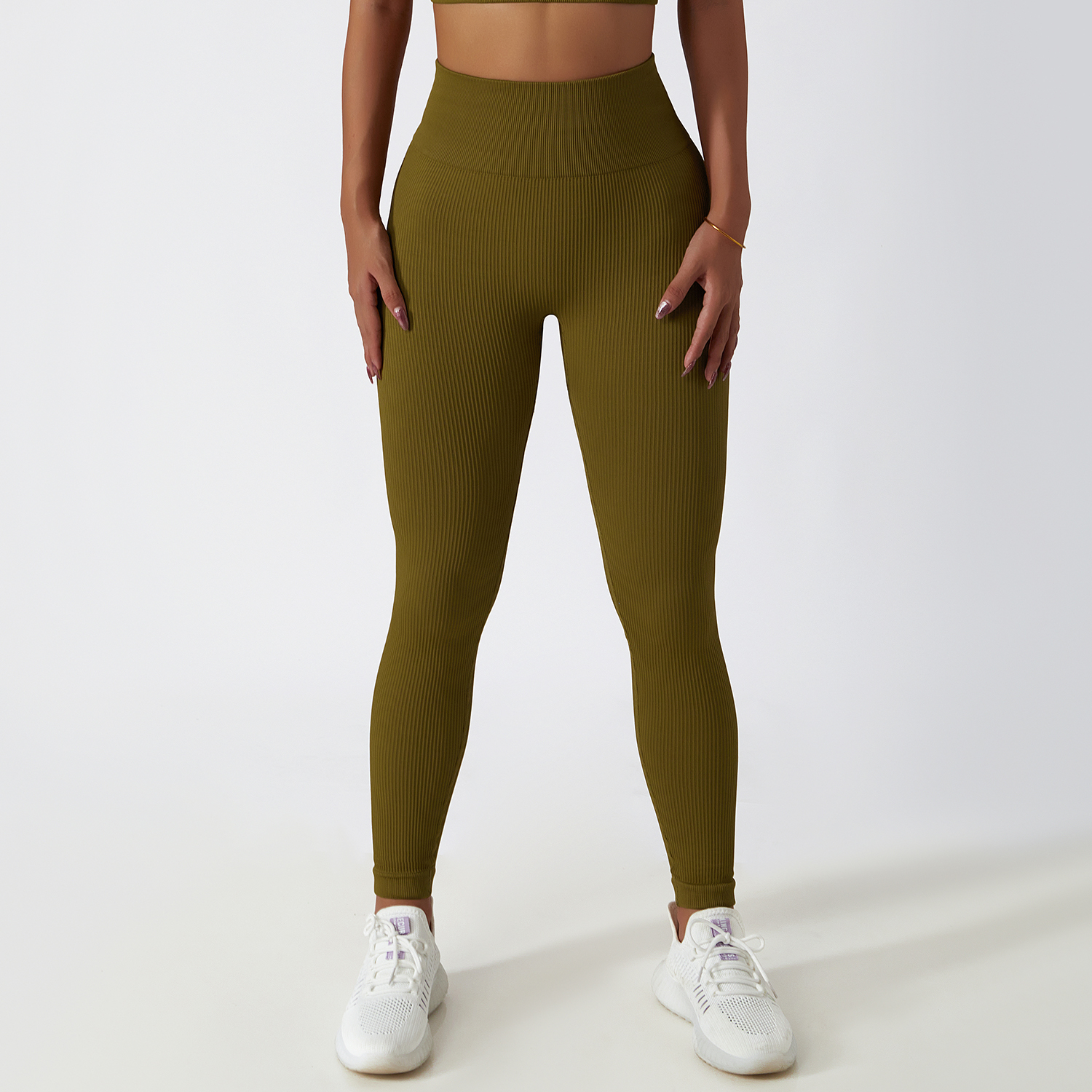 Hergymclothing Olive tummy control super stretchy high rise ribbed seamless workout yoga leggings without front seam for sale