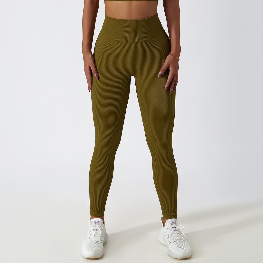 Hergymclothing Olive tummy control super stretchy high rise ribbed seamless workout yoga leggings without front seam for sale