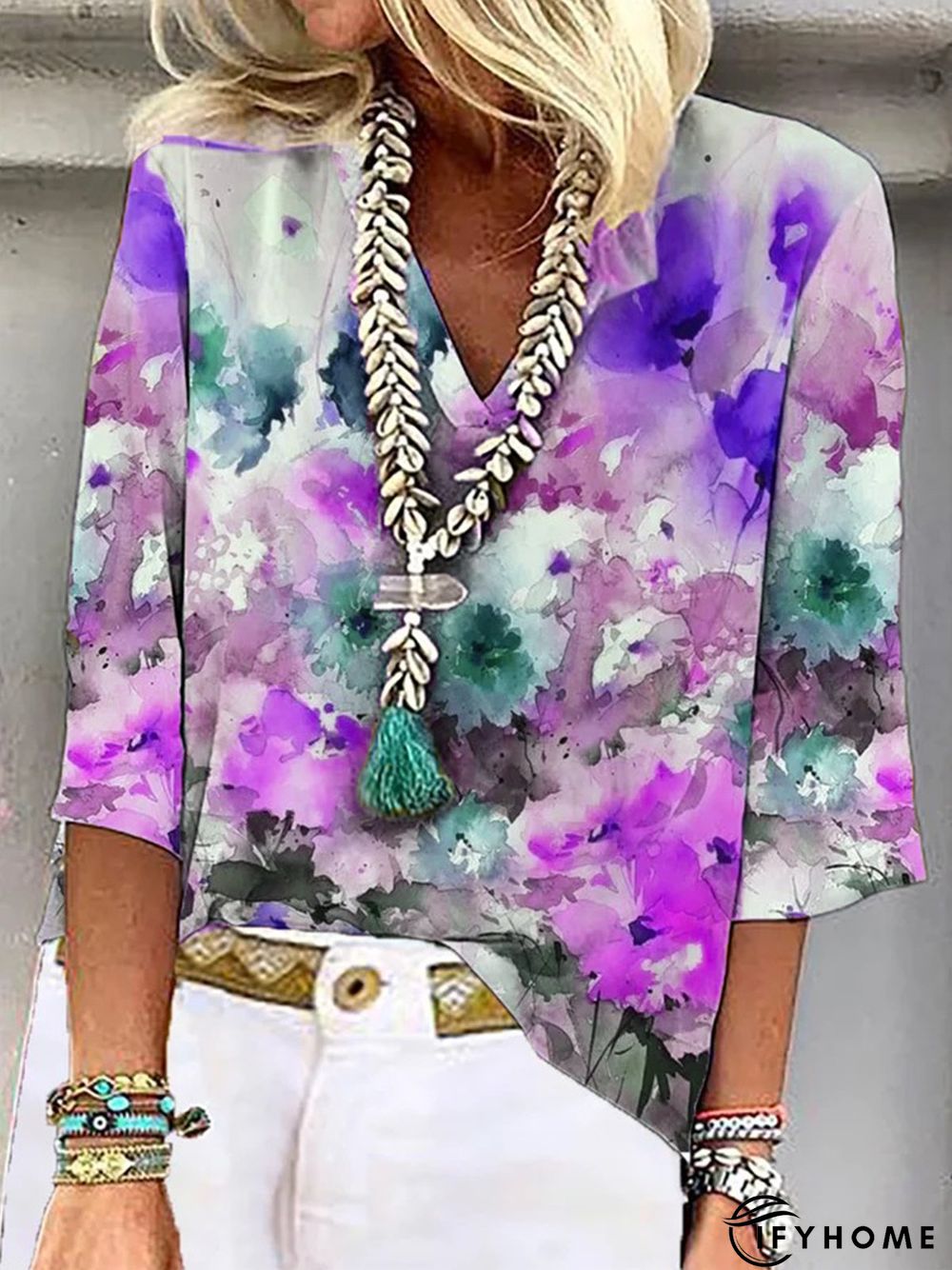 Casual Floral Loose V Neck Three Quarter Top | IFYHOME