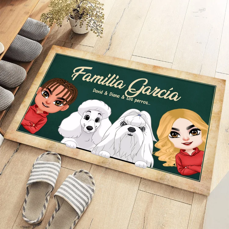 Navidad-felpudo/alfombra de entrada familia de 1-6 mascotas personalizado con nombres y figuras