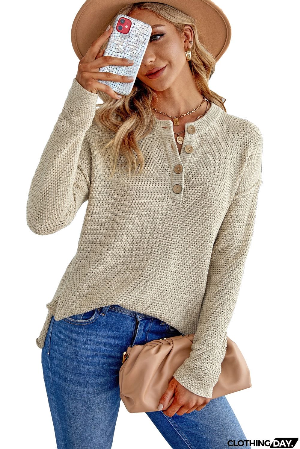 Women's Beige Henley Pullover Drop Shoulder Sweater with Slits