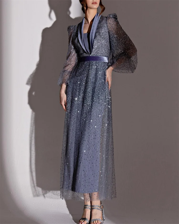 Women's V-neck Long Sleeve Mesh Sequin Dress