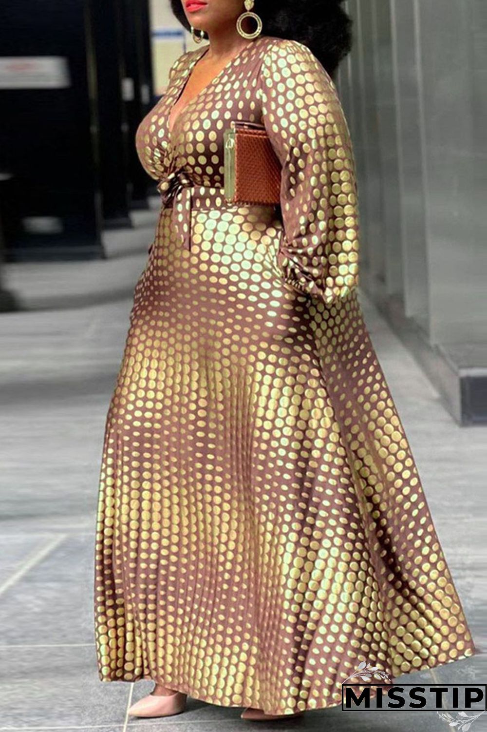 Brown Casual Print Polka Dot Patchwork V Neck A Line Plus Size Dresses