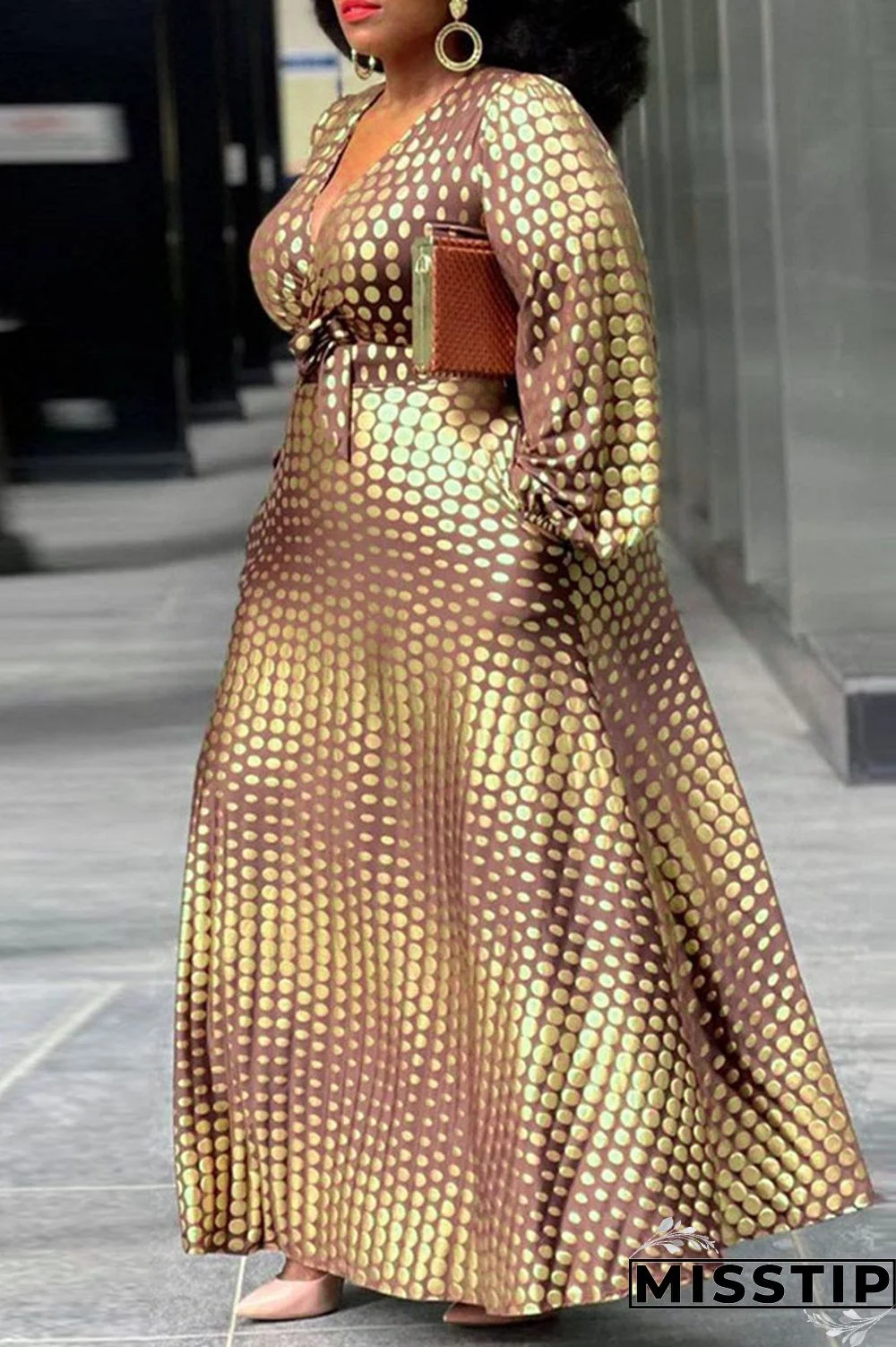 Brown Casual Print Polka Dot Patchwork V Neck A Line Plus Size Dresses