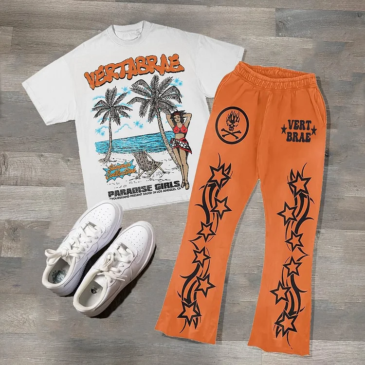 Vintage Hawaii Vertabrae Graphic Hip Hop Short Sleeve Tee & Flared Trousers Two Piece Set