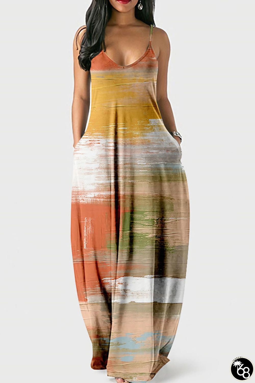 Orange Yellow Casual Print Patchwork Spaghetti Strap Sling Dress Dresses | 168DEAL