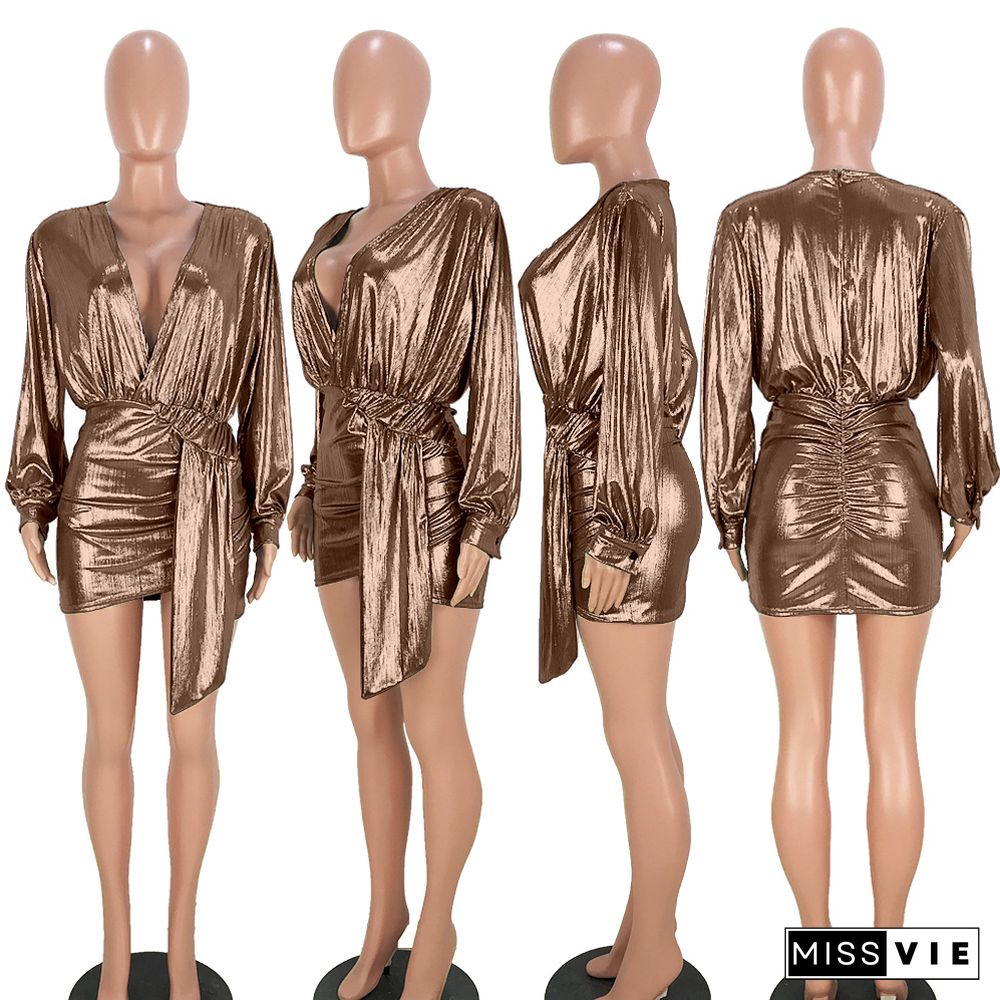 Gilding Deep V-neck Zipper Sexy Skirt Nightclub Dress