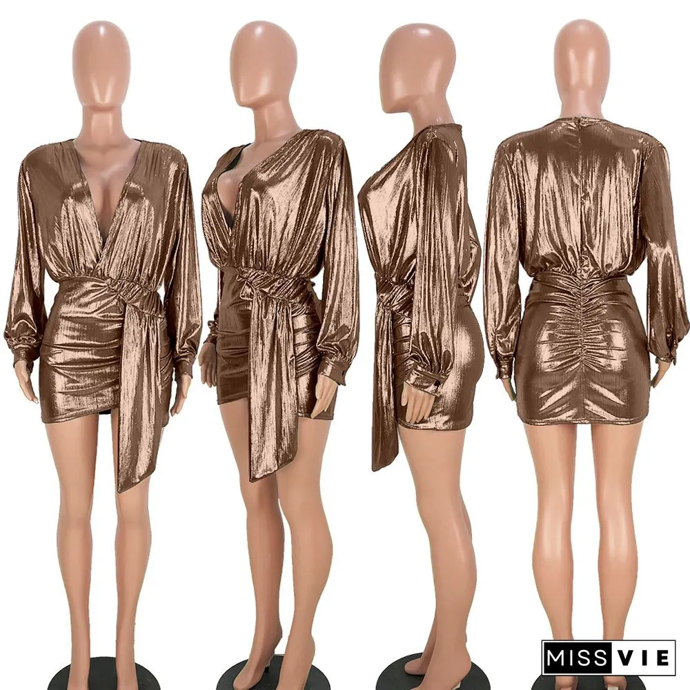 Gilding Deep V-neck Zipper Sexy Skirt Nightclub Dress