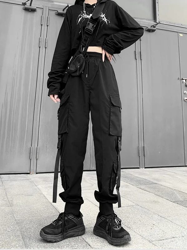 Statement Multi-pockets Streamers Buckle Ankle Banded Pants