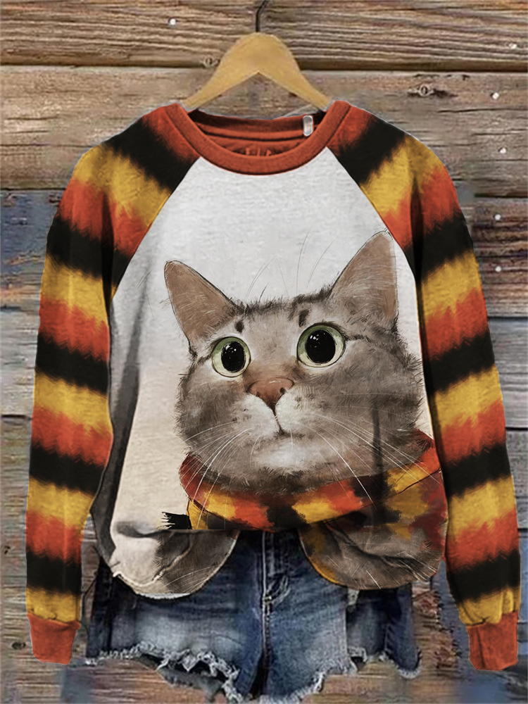 Fall Cat with Scarf Colorblock Raglan Sweatshirt artswardrobe