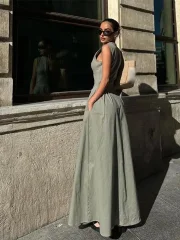 Bokeni Sexy Solid Sleeveless Women Zipper Long Pleated Dress Fashion V-neck Zipper Slim Sleeveless Dresses 2025 Summer Office Lady Robe