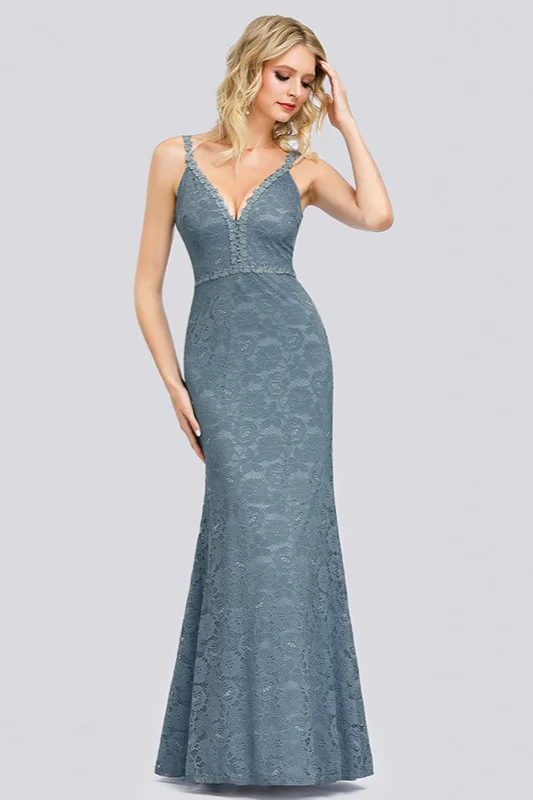 Dusty Blue V-Neck Sleeveless Prom Dress Long Lace Evening Gowns On Sale - lulusllly