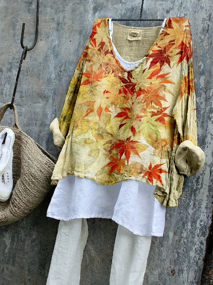 Japanese Maple Leaves Art Linen Blend Flowy Tunic