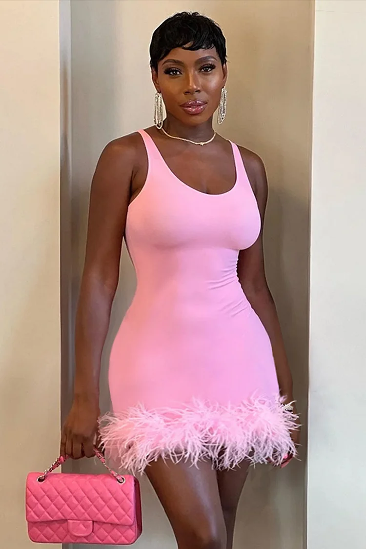 U Neck Sleeveless Feather Hem Bodycon Cocktail Party Plain Mini Dresses-Pink